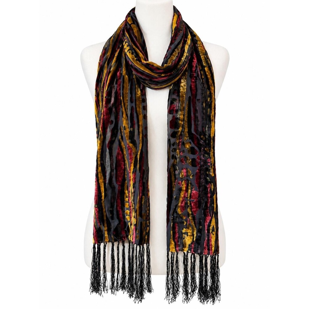 Chico’s Womens Velvet Burnout Scarf Black Gold Red Abstract Fringe Silk Rayon